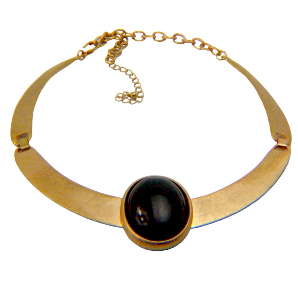 Oval Acrylic Pendant Choker  Party Pageant Necklace Industrial Gold Tone Black